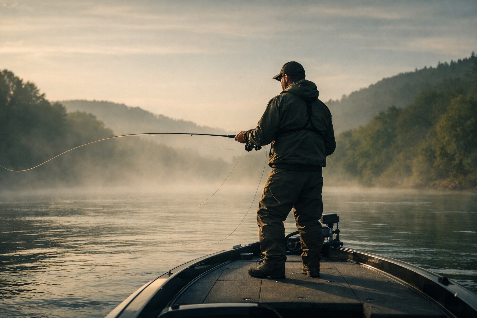 Angler auf einem Boot im Morgennebel